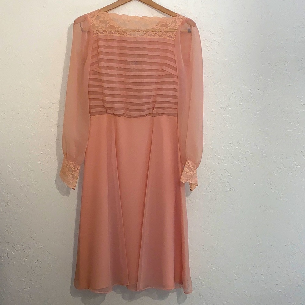 1960s Miss Elliott Blush Peach Tea Dress Chiffon Lace Coquette Cottage Core 4